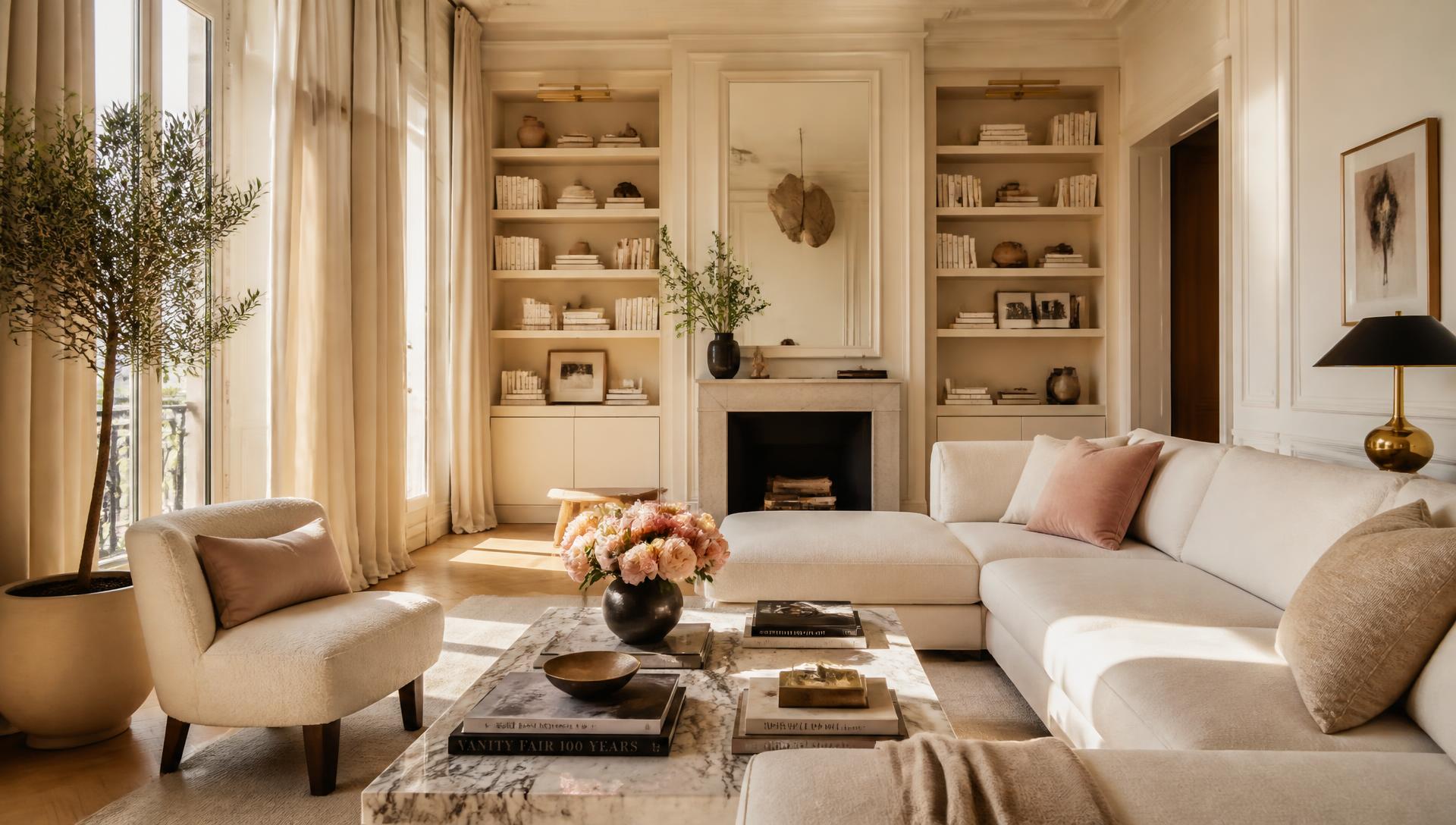 An elegantly organized, sunlit living room